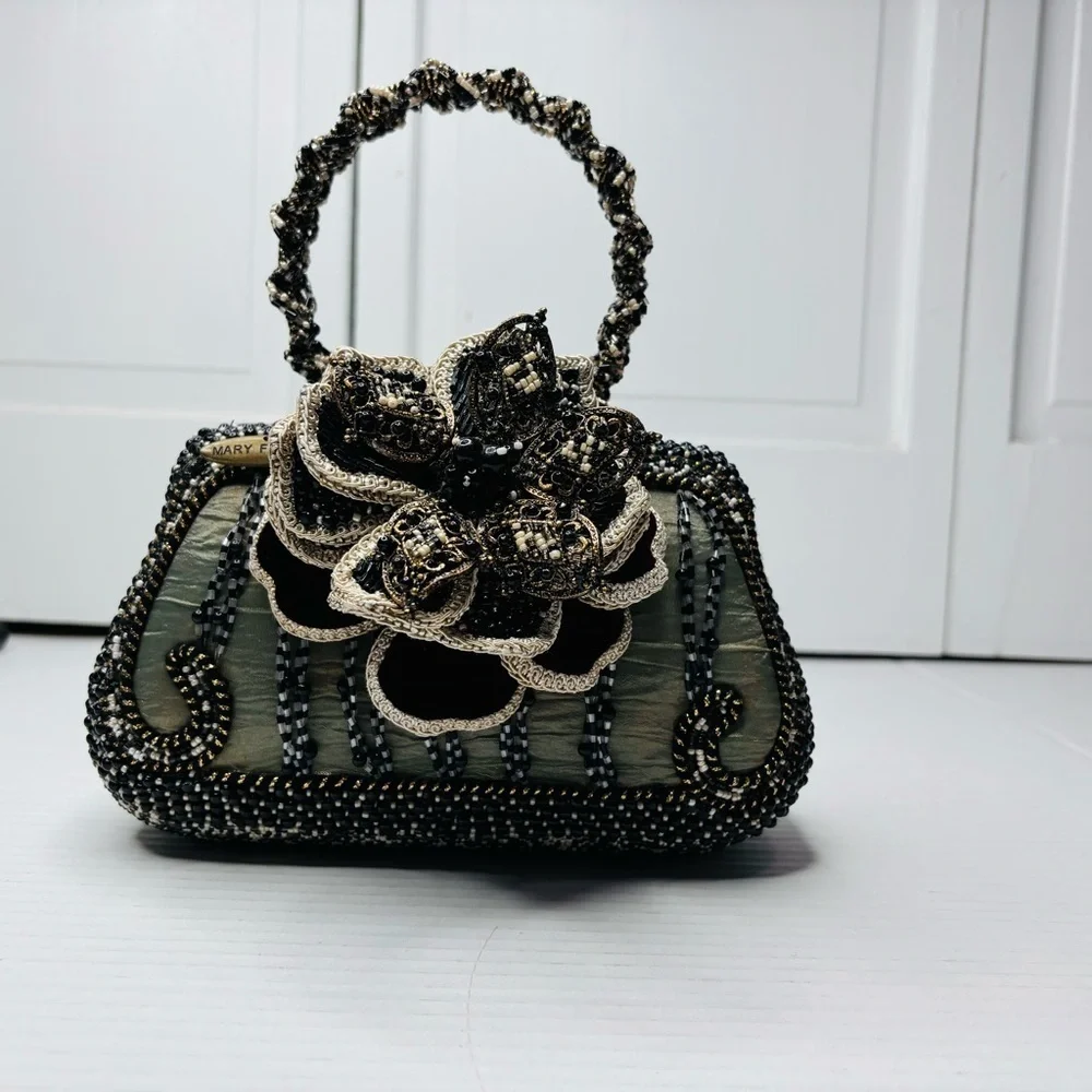 MARY FRANCES Dark Multi-Toned Vintage Beaded Floral Clutch
